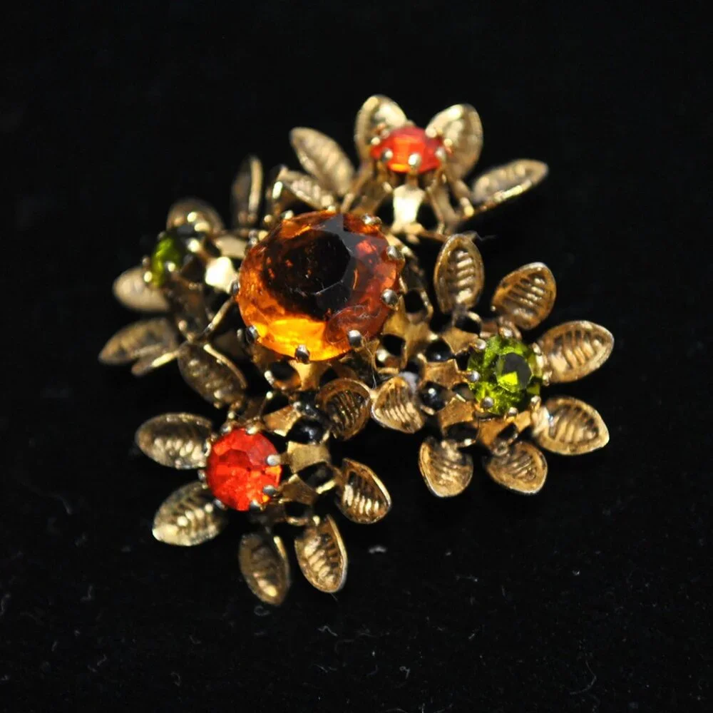 Vintage Floral Brooch with Orange & Green Glass Stones Made in Austria